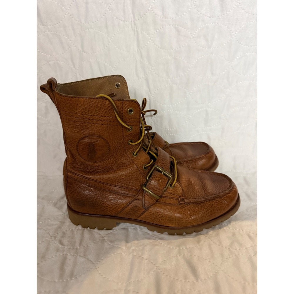 Polo Ralph Lauren Ranger Tan Pebbled Leather Buckle Moc Toe Boots Mens 7D